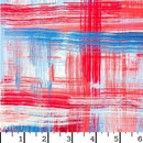 Abstract wide quilt backing fabric pattern with horizontal and vertical, plaid looking brushstroke textures in shades of red, white and blue with a ruler at the bottom for scale.