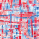 Abstract wide quilt backing fabric pattern with horizontal and vertical, plaid looking brushstroke textures in shades of red, white and blue.