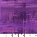 Wide quilt backing fabric with an abstract plaid pattern with various shades of purple and lavender brushstroke lines. and a white ruler at the bottom showing measurement markings.