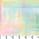 Wide quilt backing fabric with an abstract pastel plaid pattern with soft pink, lavender, mint green, yellow, and peach brushstroke lines over a white background with a ruler scale visible along the bottom edge.