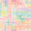 Wide quilt backing fabric with an abstract pastel plaid pattern with soft pink, lavender, mint green, yellow, and peach brushstroke lines over a white background.