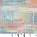 Abstract wide quilt backing fabric pattern with horizontal and vertical brushstroke textures in pastel shades of blue, green, pink, purple, and beige, with a white measurement ruler at the bottom indicating scale.