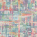 Abstract wide quilt backing fabric pattern with horizontal and vertical, plaid looking brushstroke textures in pastel shades of blue, green, pink, purple, and beige