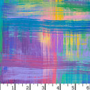 Wide quilt backing fabric with an abstract pastel plaid pattern with bright rainbow colored brushstroke looking lines with a ruler at the bottom for scale.