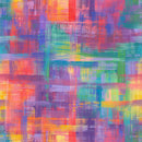 Wide quilt backing fabric with an abstract pastel plaid pattern with bright rainbow colored brushstroke looking lines.