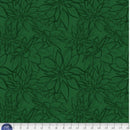 Wide quilt backing fabric with a dark green poinsettia flower pattern on a green background.