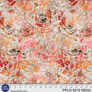 Tan, peach and orange floral patterned wide quilt backing fabric with a ruler at the bottom to show scale.