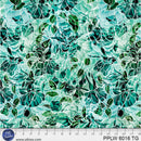 Teal and green floral patterned wide quilt backing fabric with a ruler at the bottom to show scale.