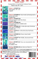 A fabric yardage specification sheet for Northcott Fabric's 'Star Fish' pattern, featuring a red and white checkered border, blue and green fish illustrations, and a detailed list of fabric measurements and panel codes.