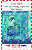 A fabric quilt pattern cover titled "Star Fish" showing an underwater scene with sea turtles, coral reef textures, and purple starburst motifs. Text at the top reads "Featured fabric is Coral Reef by Northcott Fabric" and gives the throw size.