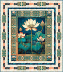 Quilt kit featuring a large center panel with lotus flowers and surrounding blocks with lotus flowers and and intricate border design in blue, green, peach, and neutral colors on a neutral background.