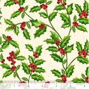 Wide quilt backing fabric with a pattern of holly leaves and berries on a cream background with a ruler a the bottom for scale.