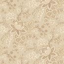 Reproduction style floral patterned wide quilt backing fabric with beige and brown tones on a beige background.