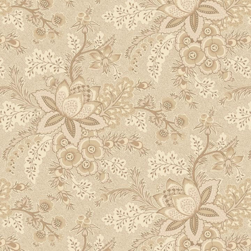 Reproduction style floral patterned wide quilt backing fabric with beige and brown tones on a beige background.