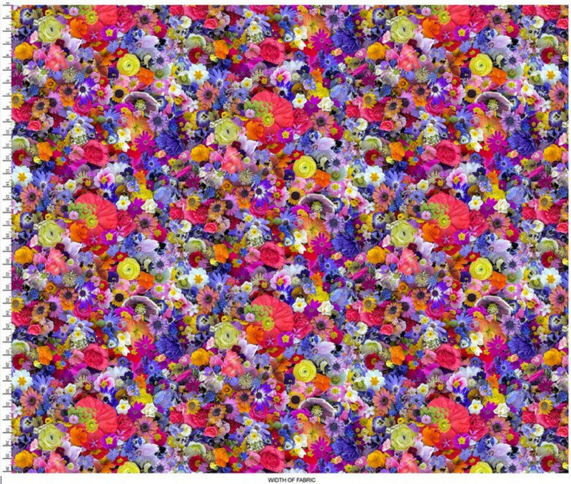Wide quilt backing fabric with a multi colored packed floral digital image print.