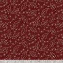 Dark brick red fabric with white holly leaf pattern, measured against a ruler for scale.