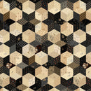 Wide quilt back with a repeating geometric quilt pattern made of hexagonal blocks forming stars in beige, cream, black, and brown, with floral and striped fabric designs.