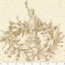 Wide quilt backing fabric with a vintage-style illustration print featuring the Statue of Liberty surrounded by large oak leaves and small flowers, shown on a warm cream background with a ruler scale along the bottom edge.