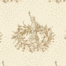 Wide quilt backing fabric with repeating vintage-style pattern featuring a sepia-toned illustration of the Statue of Liberty framed by laurel leaves, on a warm cream background with scattered small stars.