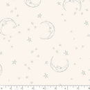 Wide quilt backing fabric with a pattern of crescent moons and star outlines in gray on a cream background.