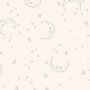 Wide quilt backing fabric with a pattern of crescent moons and star outlines in gray on a cream background.