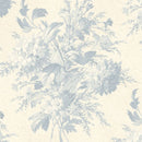 Floral pattern with blue flowers and leaves on an ivory background.