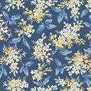 Floral pattern with yellow and white flowers and blue leaves on a navy blue background.