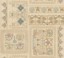 Wide quilt backing fabric with printed designs that looks like crewelwork embroidery.
