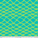 Wide quilt backing fabric with a net-like design in bright yellow on a bright aqua background with a ruler at the bottom for scale.