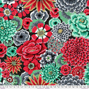Wide quilt backing fabric with a large floral print in greens, reds grays and white on a black background with a ruler at the bottom to show scale.