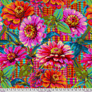 Wide quilt backing fabric with a colorful floral pattern with pink, orange, and green zinnias on a multicolored background.