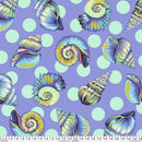 Wide quilt backing fabric with a colorful shell pattern on a blue/purple background with green polka dots.