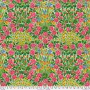 Wide quilt backing fabric with a floral pattern with pink roses, yellow flowers, and green leaves on a light blue background.