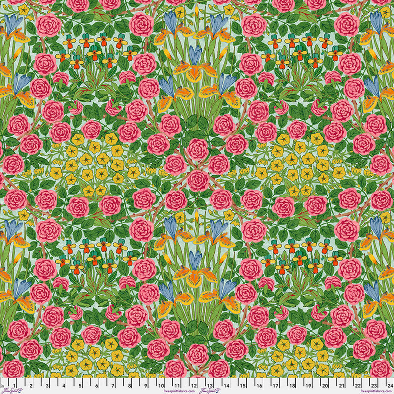 Wide quilt backing fabric with a floral pattern with pink roses, yellow flowers, and green leaves on a light blue background.
