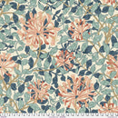 Wide quilt backing fabric designed by William Morris in a floral pattern with peach colored flowers and green leaves on a beige background with a ruler at the bottom for scale.