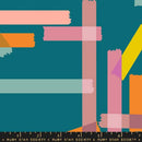 Wide quilt backing fabric with a scattered multi colored washi tape print on a teal background.