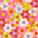 Wide quilt backing fabric with a colorful hexagonal pattern with various shapes and colors; mostly pinks, creams and golds.