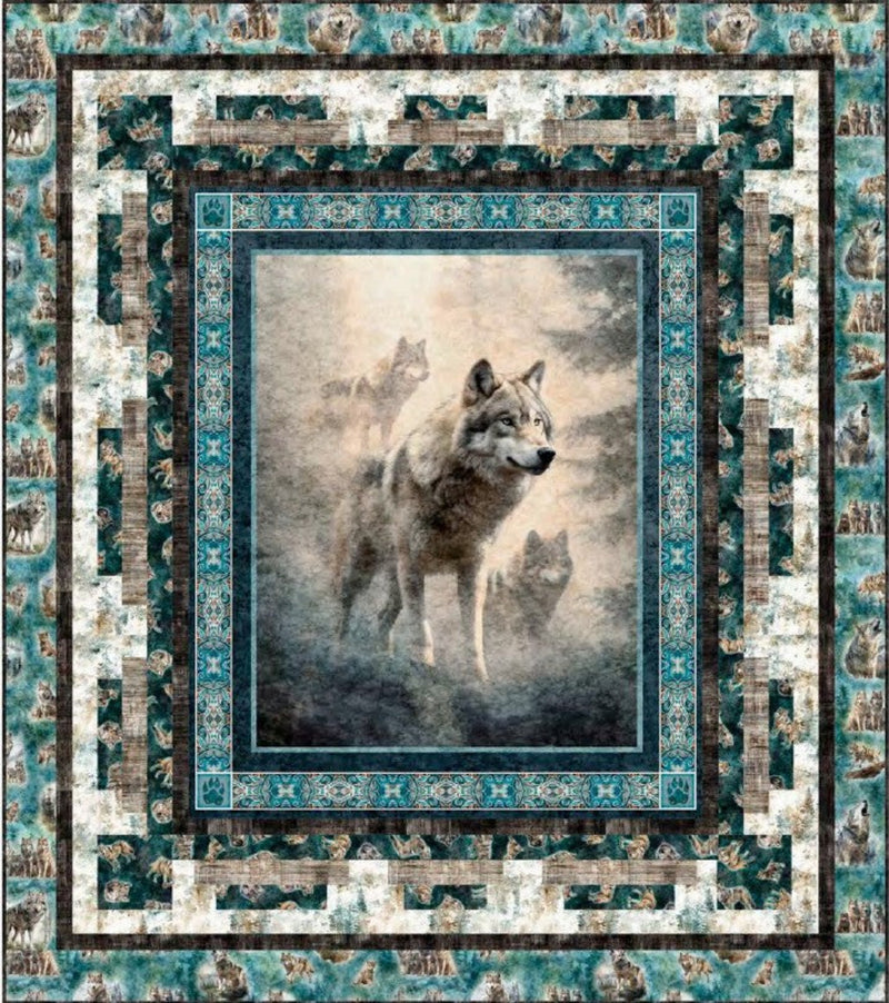 Quilt kit with a wolf design in the center, surrounded by a decorative border.