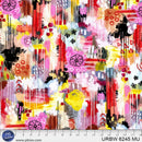 Graffiti like print in pink, red, orange, yellow, black, gray and white.