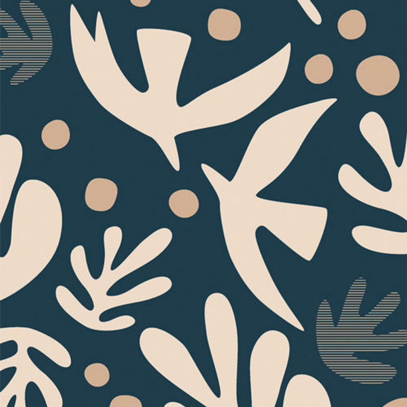 Wide quilt backing fabric with a pattern of abstract beige birds, leaves and circles on a dark blue background.