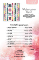 A fabric pattern sheet titled 'Watercolor Swirl' showing a quilt design made from many colorful patterned fabric strips, plus a list of fabric requirements and branding for CreateJoy Projects.