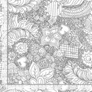 Wide quilt backing fabric with an allover doodle looking design in black on a white background with rulers on two sides to show scale.
