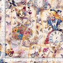 Wide quilt backing fabric with an Alice In Wonderland themed collage print with  a cat, clock, and other vintage-style elements and a ruler for scale at the bottom.