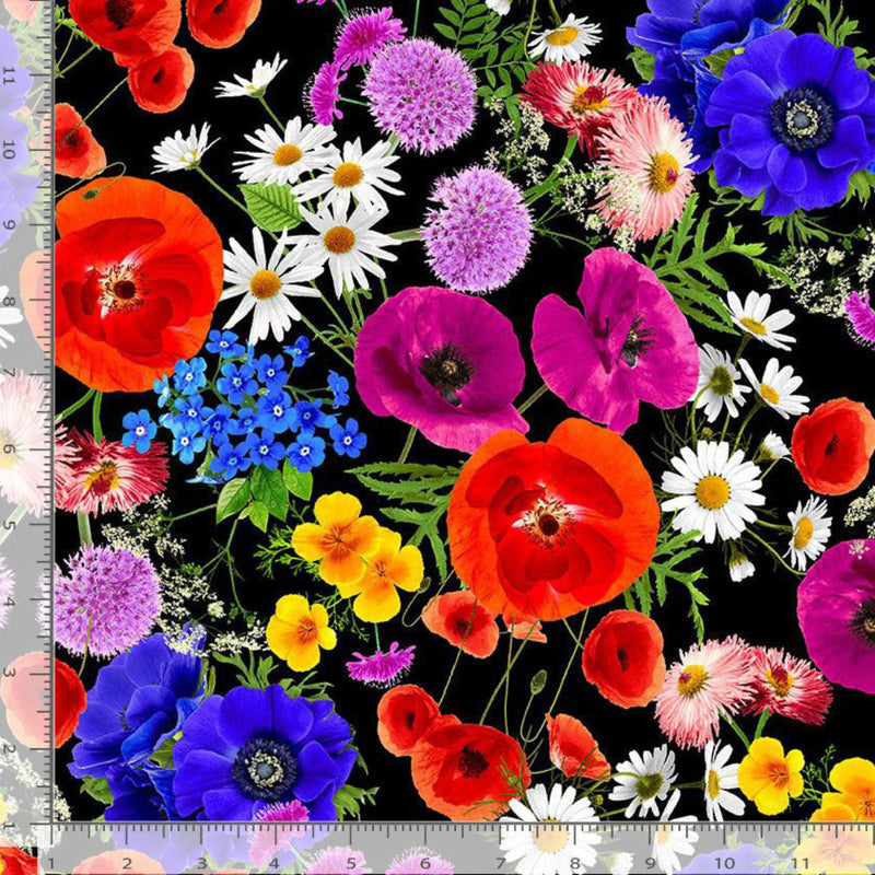 108" Large Colorful Bright Florals Wide Quilt Back Black