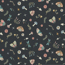 Wide quilt backing fabric with a pattern of butterflies, moths, dragonflies, mushrooms, flowers, and other nature-themed elements on a dark charcoal background.