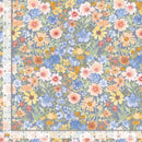 108" wide quilt backing fabric with blue, pink, peach, and yellow pastel flowers on a blue-gray background.