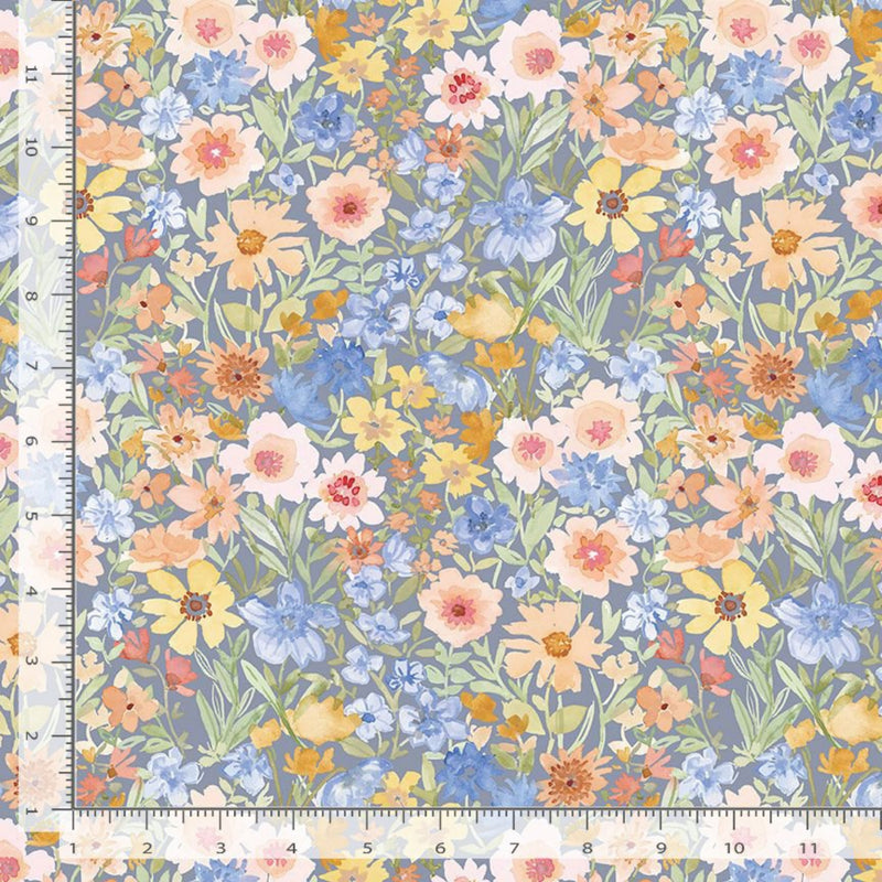 108" wide quilt backing fabric with blue, pink, peach, and yellow pastel flowers on a blue-gray background.