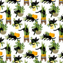 108" wide quilt backing fabric with a pattern of black cats and green plants on a white background