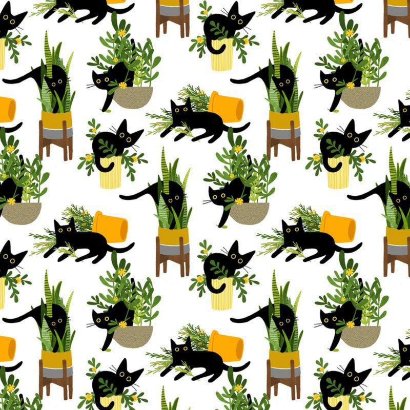 108" wide quilt backing fabric with a pattern of black cats and green plants on a white background