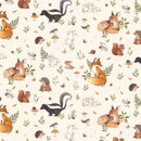 108" wide quilt backing fabric with a pattern of forest animals and plants on a beige background.